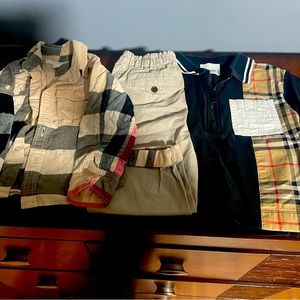 Burberry set. Pants, long sleeve button up and short sleeve polo.